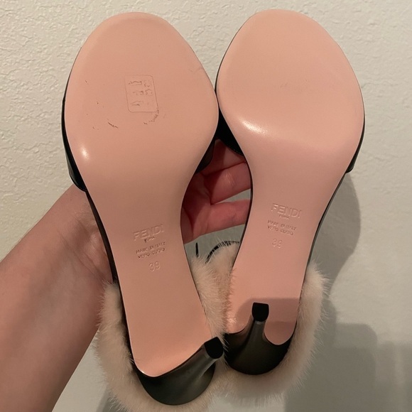 Fendi Mink Fur Trimmed Open Toe Leather Heels Green EU 39 - Picture 11 of 11